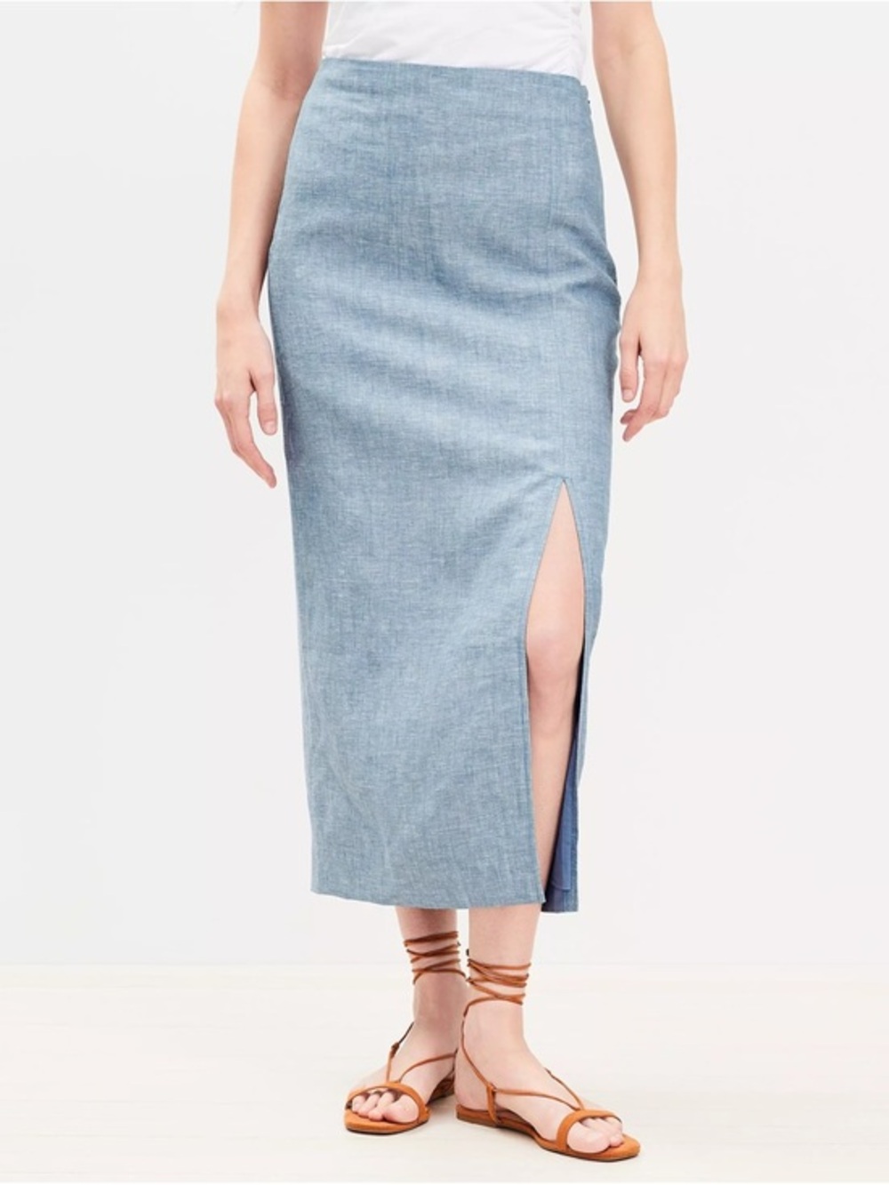 LOFT Linen Maxi Skirt Blue Column Side Slit Lined 10 Minimalist Quiet Luxury